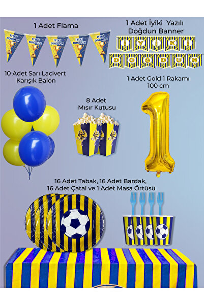 PartyPoo Yellow Navy Blue Fan Birthday Party Supplies Set for 16 People |   1...