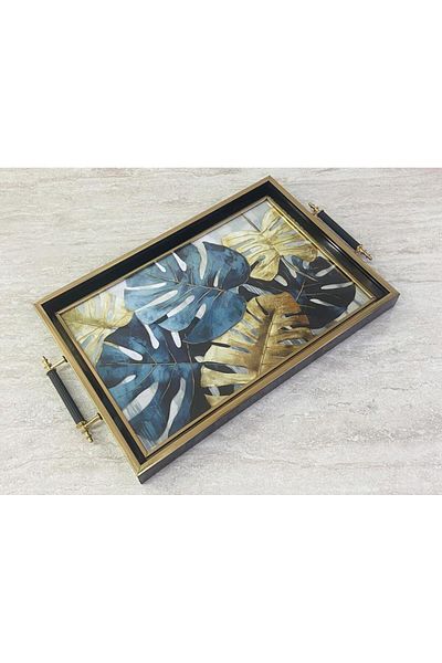 Altabi Digital Printed Glass Serving Tray – Modern Patterned, Metal Handle 42X29 cm