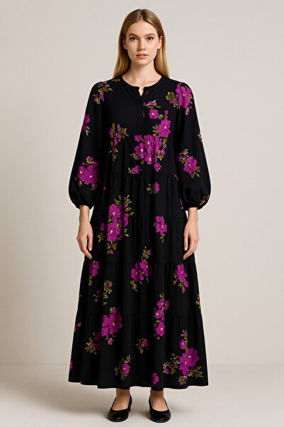 Butik Ayseba Büyük Beden Robalı Balon Kol Uzun Elbise