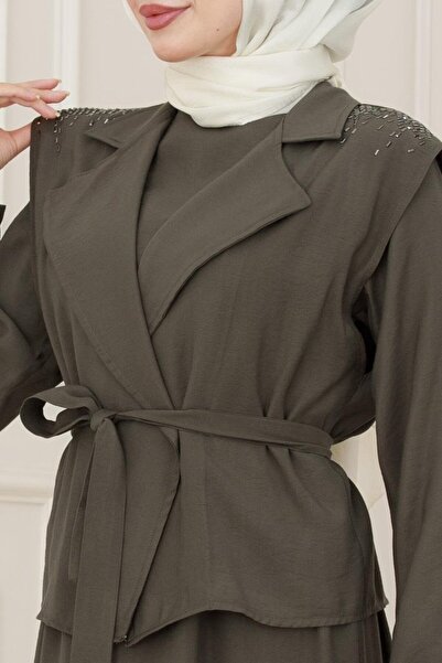 Sevitli Vest Stone Detailed Dress-Khaki