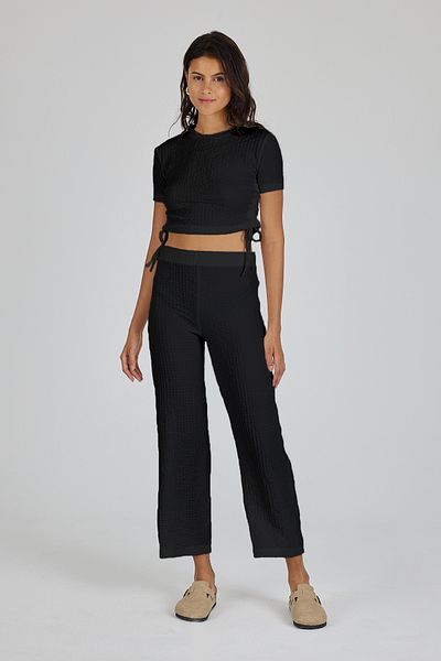 Yavuz Kapıcı Women's Seersucker Fabric Crop and Trousers Set with Side Drawstring Detail