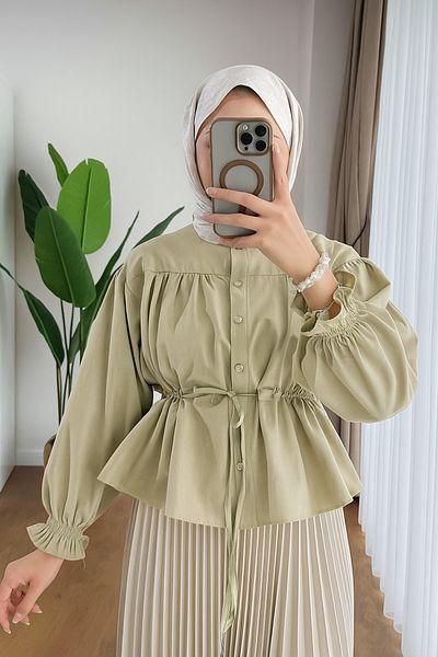 Refika Butik Γυναικεία φούστα με κοντό πουκάμισο Hijab με τούνελ στη μέση ανοιχτό πράσινο