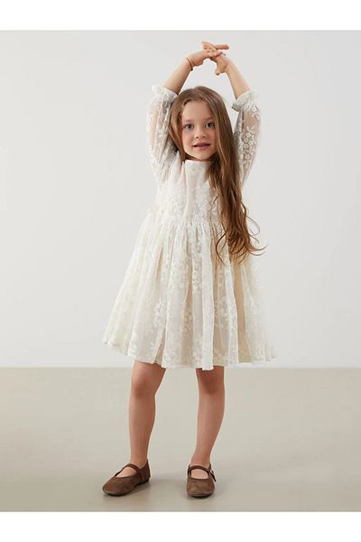 LC Waikiki Lcw Kids Ecru Crew Neck Lace Girls' Dress
