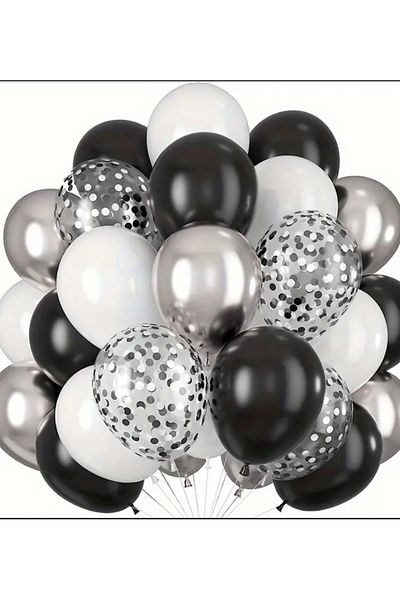 Çemrek Süs Parti Silver Chrome Black White Transparent Sequin Balloon Harness Set of 25