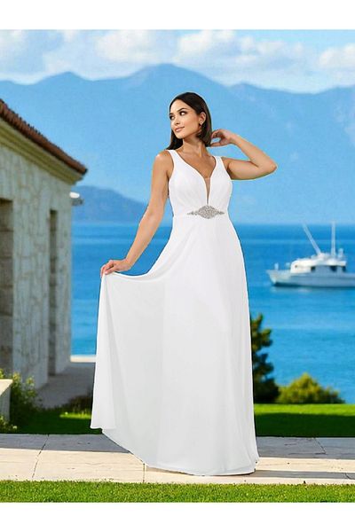 FaBe Fashion White Chiffon Wedding, Engagement and Outdoor Shooting Dress with Thick Straps Drapel Belly with Stone Accessories