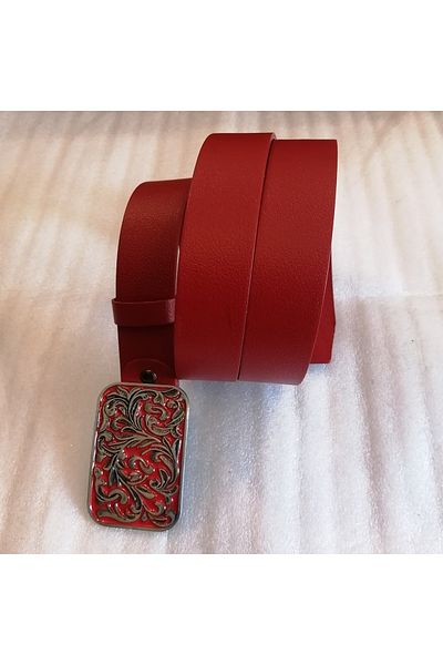 Butik Tülin Unisex Authentic Genuine Cowhide Leather Red Silver Leaf Pattern Enamel Cowboy Buckle Belt