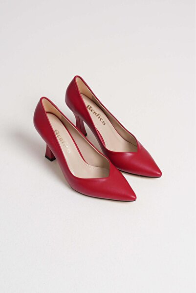 BERFİCO Kadın Stiletto V Model Kırmızı Deri Gelinlik Günlük Topuklu Ayakkabı