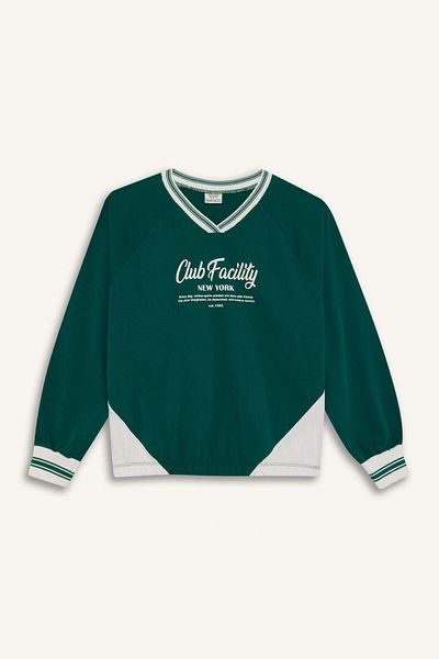 DeFacto Girl's Oversize Wide Fit V-Neck Printed Sweatshirt F7583A825Au
