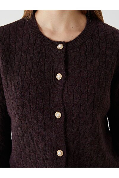 LC Waikiki Burgundy Self Patterned Women's Knitwear Cardigan