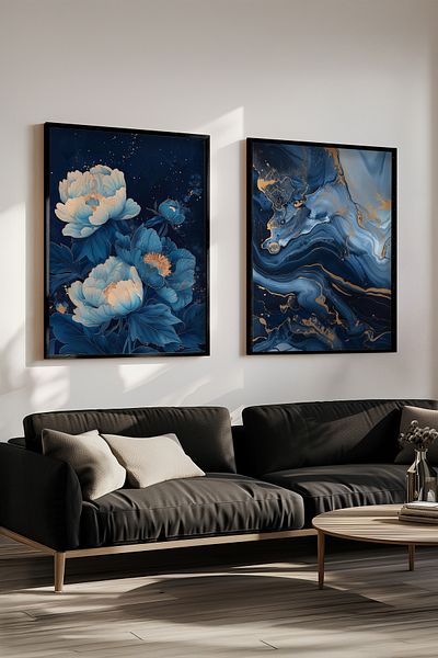 STARYUNA Set of 2 Paintings with Floral Marble Effect Black Wooden Frame Yuna14