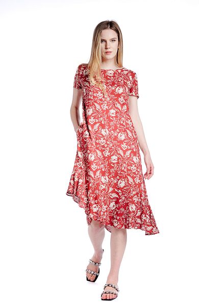 RVL Asymmetrical dress, brown/flowers with ruffles