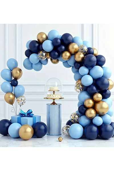 Çemrek Süs Parti Baby Circumcision Birthday Balloon Set Navy Blue Gold Chrome Transparent Sequin Balloon Chain Set of 100