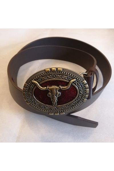 Butik Tülin Unisex Authentic Genuine Cowhide Leather Coffee Bronze Red Enamel Buffalo Skull Cowboy Buckle Belt