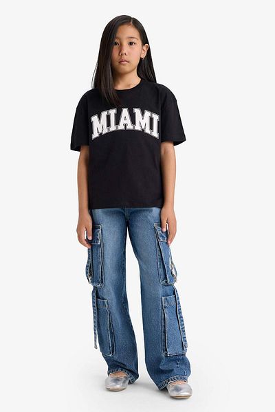 DeFacto Tricou cu mânecă scurtă imprimat pentru fete, cu decolteu relaxat, E6492A825AU