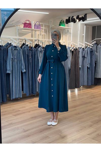 OlaLady Back a Pile Button Belted Hijab Dress
