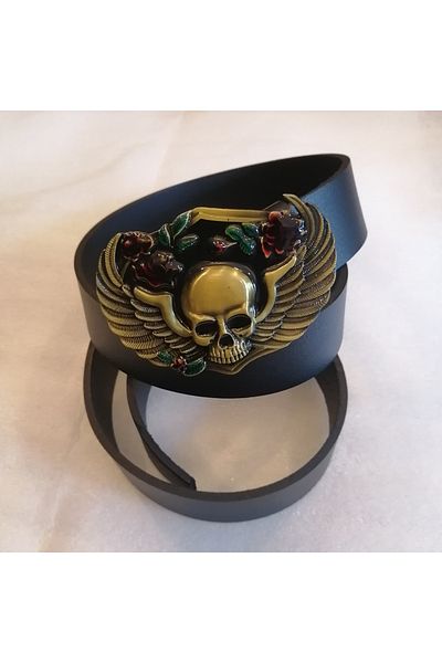 Butik Tülin Unisex Authentic Genuine Cowhide Black Bronze Colored Enamel Rose Winged Skull Cowboy Buckle Belt