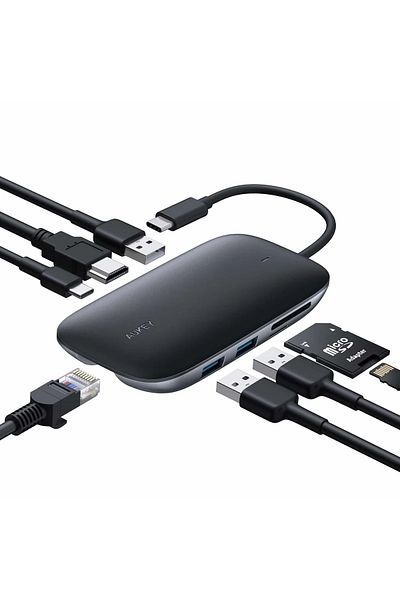AUKEY اووكي محول من النوع يواسبي سي 8 في1مع شحن100واط منفذشبكةاتش دي بدقة 4Kقارئ بطاقات و3منافذ يواسبي 3.0