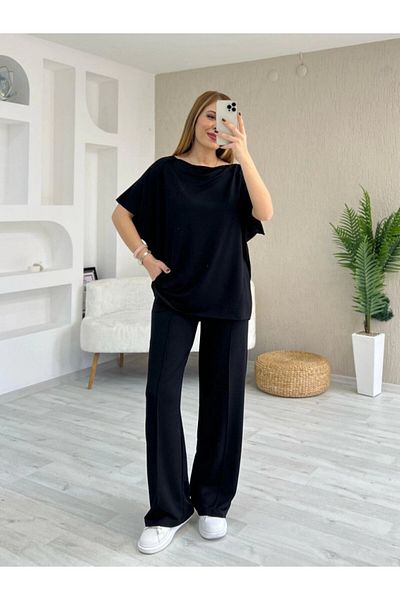 Viyamo Γυναικείο κοντομάνικο μπλουζάκι με γιακά και λεπτομέρεια με δύο κλωστές βισκόζης και παντελόνι