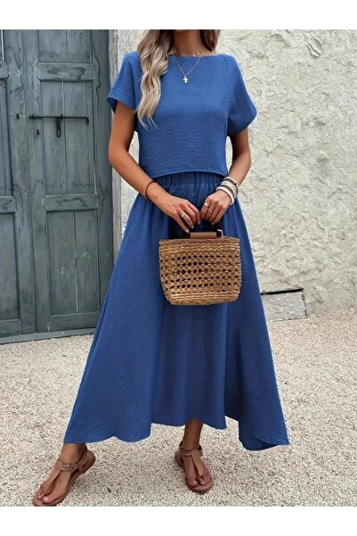 JANES Women's Short Sleeve Crew Neck Blouse Skirt Imported Linen Double Suit