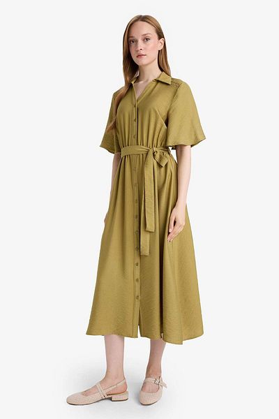 DeFacto A-Line Shirt Collar Short Sleeve Midi Dress F5670Ax25Au