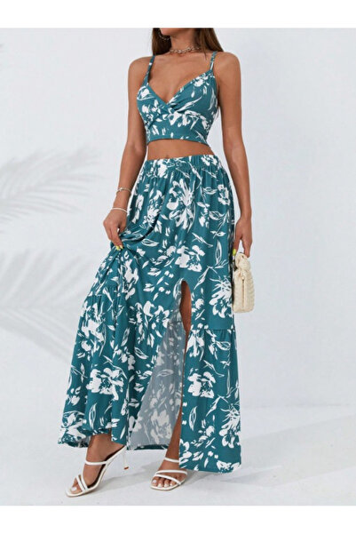 ARONA Women's Thin Strap Floral Print Patterned Crop Slit Skirt Double Single Jersey Suit