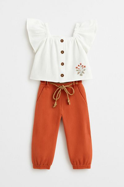 Magu Set bluză brodată și pantaloni din cărămidă din bumbac crem pentru fete - stil boem de vară