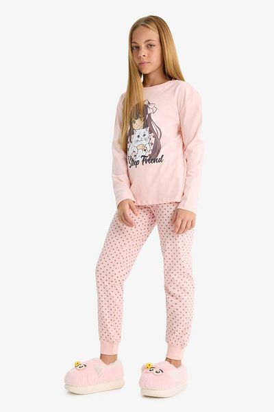 DeFacto Set pijamale pentru fete, cu mâneci lungi, cu model, fund lung F6169A825AU