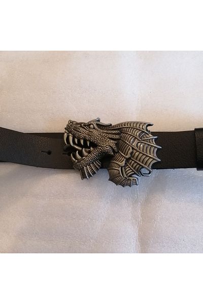 Butik Tülin Unisex Authentic Genuine Cowhide Black Silver Metallic Dragon Head Cowboy Buckle Belt