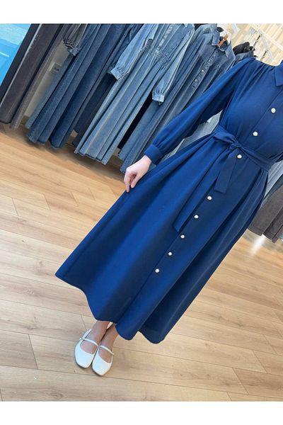 OlaLady Back a Pile Button Belted Hijab Dress