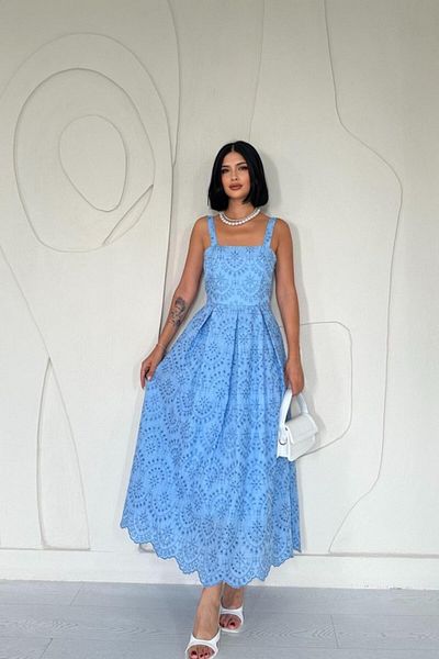 Viyamo Blue Strappy Apparatus Embroidered Dress