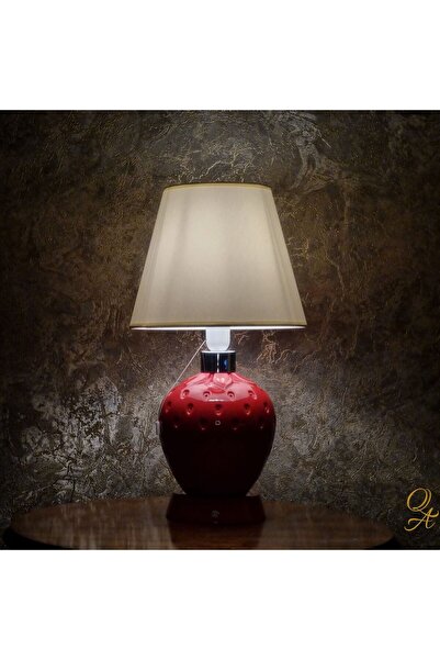 Qtahya Art Abajur-Şeffaf Porselen-Kırmızı Gövde-Çilek Abajur-Kumaş Şapka-Doku...