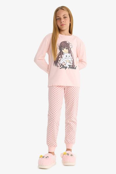 DeFacto Set pijamale pentru fete, cu mâneci lungi, cu model, fund lung F6169A825AU