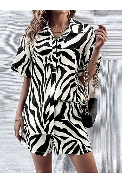 Simala Women's Zebra Patterned Cotton-Polyester Fabric Double Set