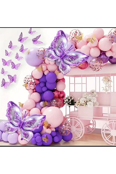Çemrek Süs Parti Pink Purple Balloon Chain Set Including 101 Butterfly Foil Balloons 1 Piece