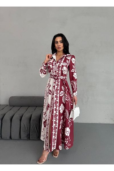 Pulli Collection Atlas Fabric Floral Patterned Belted Long Dress