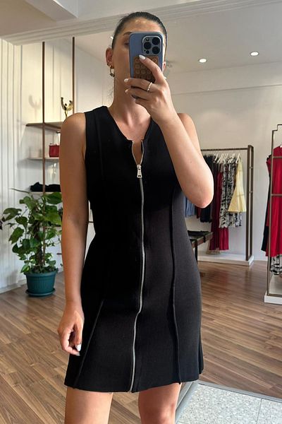 Unique Boutique Black Steel Knit Standard Size Dress with Front Zipper Closure