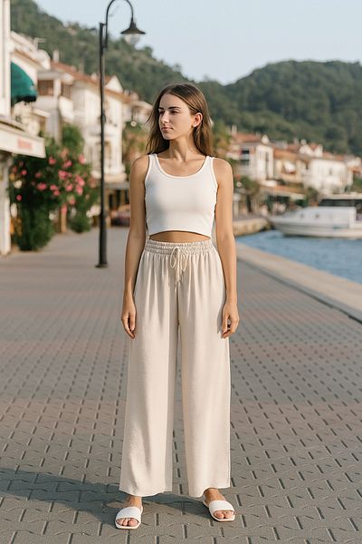 LePold Pantaloni largi din amestec de in cu talie elastica