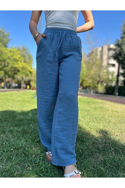 sielta Pantaloni de damă din muselină cu picioare largi, albastru indigo, 100% bumbac