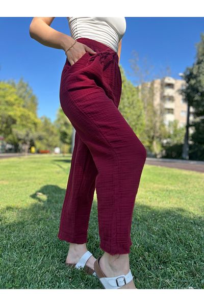 sielta Burgundy 100% Cotton Tight Carrot Leg Women's Muslin Trousers