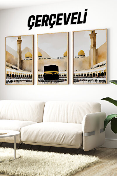 kutuTR 🌟 Kabe Manzaralı 3'lü Tablo Seti – İslami ve Zarif Dekor 🌙🕋 🌸 CRV1205