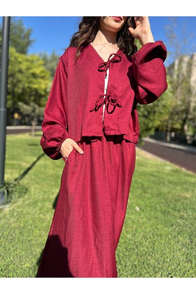 sielta Sofia Linen Fabric Hijab Femei Cămașă Fusta Costum Burgundy