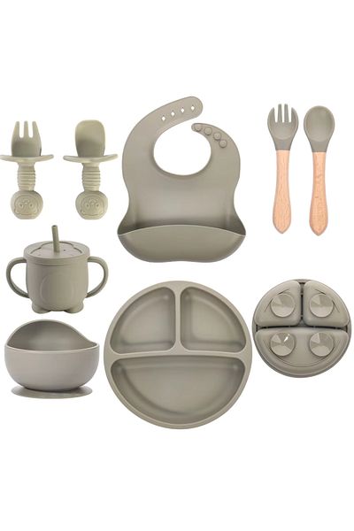 OEM Set hranire bebelusi din silicon BPA free, 10 accesorii, ideal pentru diversificare, gri