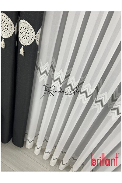 rendecioğlutekstil Tül Perde Brillant Marka Lorenzo Gri Şerit Zigzag Desen Lü...