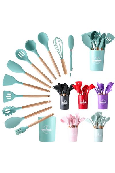 EVİMA Heat Resistant Bamboo Handle Fireproof Non Stick No Odor 12 Piece Luxury Silicone Kitchen Set