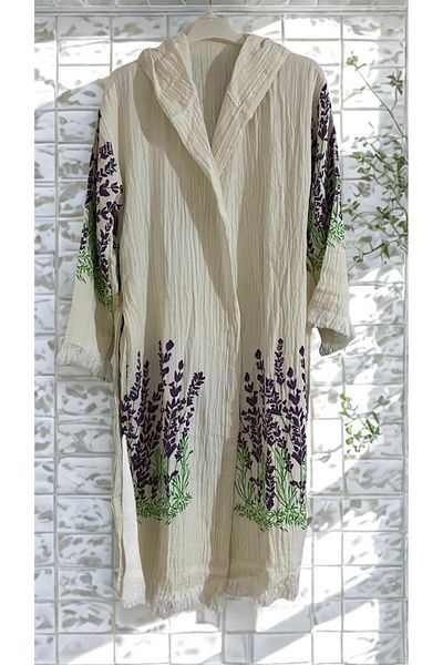 TekStilize Muslin Lavender Patterned Peshtemal Bathrobe and Beach Dress (100% Cotton)