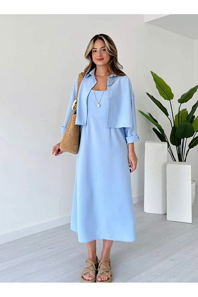 Afiş Butik Blue Strap Pleated Shirt Midi Dress