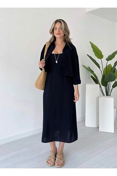 Afiş Butik Black Strap Pleated Shirt Midi Dress