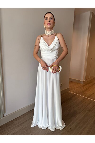 YK FASHION Degaje Gold Detaylı Saten Abiye