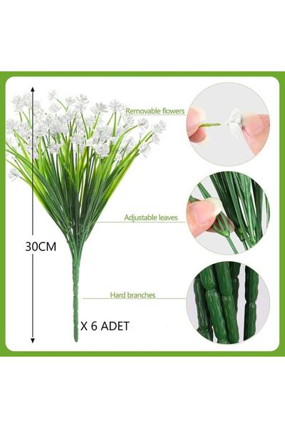 Nettenevime 6lı Set Yapay Çiçek Sazlı Lotus Beyaz Renk 7 Dal Plastik 30cm