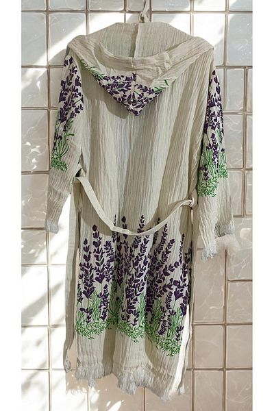 TekStilize Muslin Lavender Patterned Peshtemal Bathrobe and Beach Dress (100% Cotton)